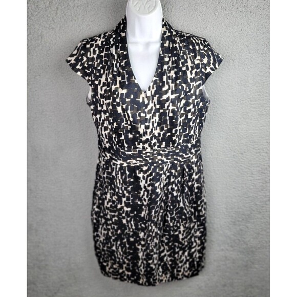 Ann Taylor Dress Womens 8 Black Brown Cream Geometric V-Neck Corpcore Siren - Picture 2 of 16